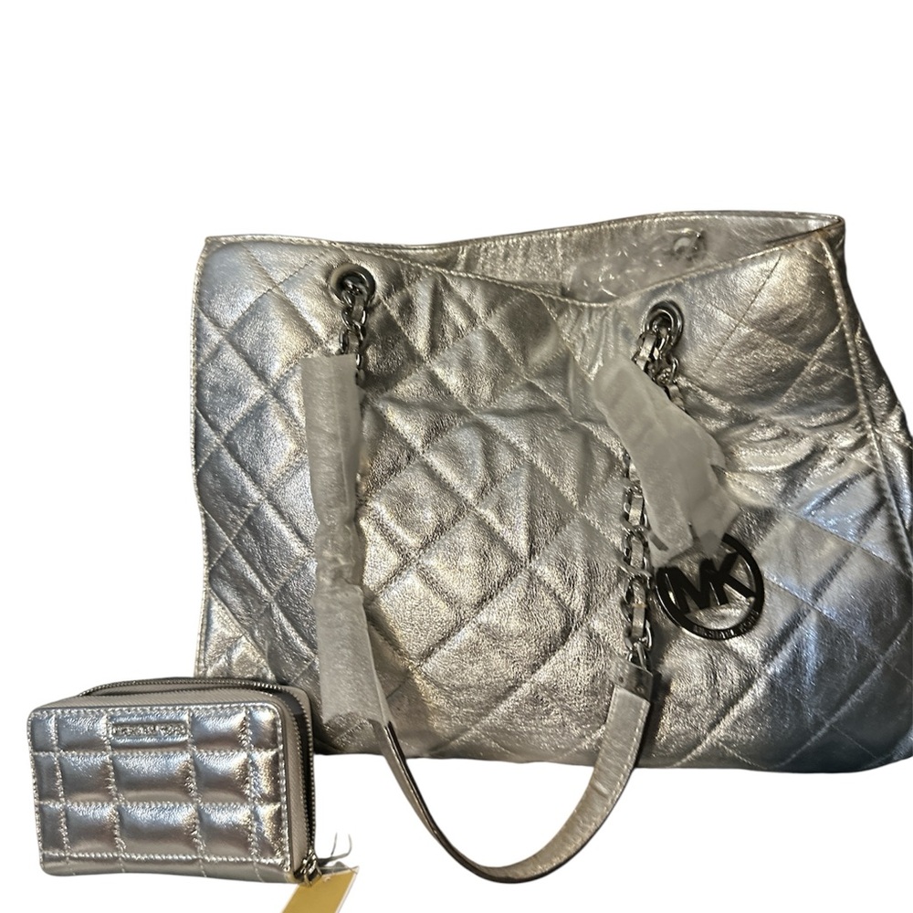 NWT Michael Kors Susanna large quilted leather tote nickel silver wallet matches